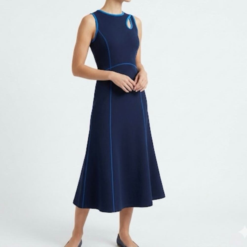 W by Worth Knit A-Line Keyhole Midi Dress Navy Blue Contrast Seam Size 2